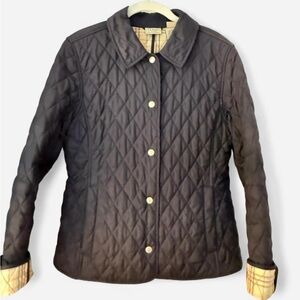 LL Bean Quilted Jacket S Navy Plaid Lined Barn Coat Preppy Coastal Grandmother